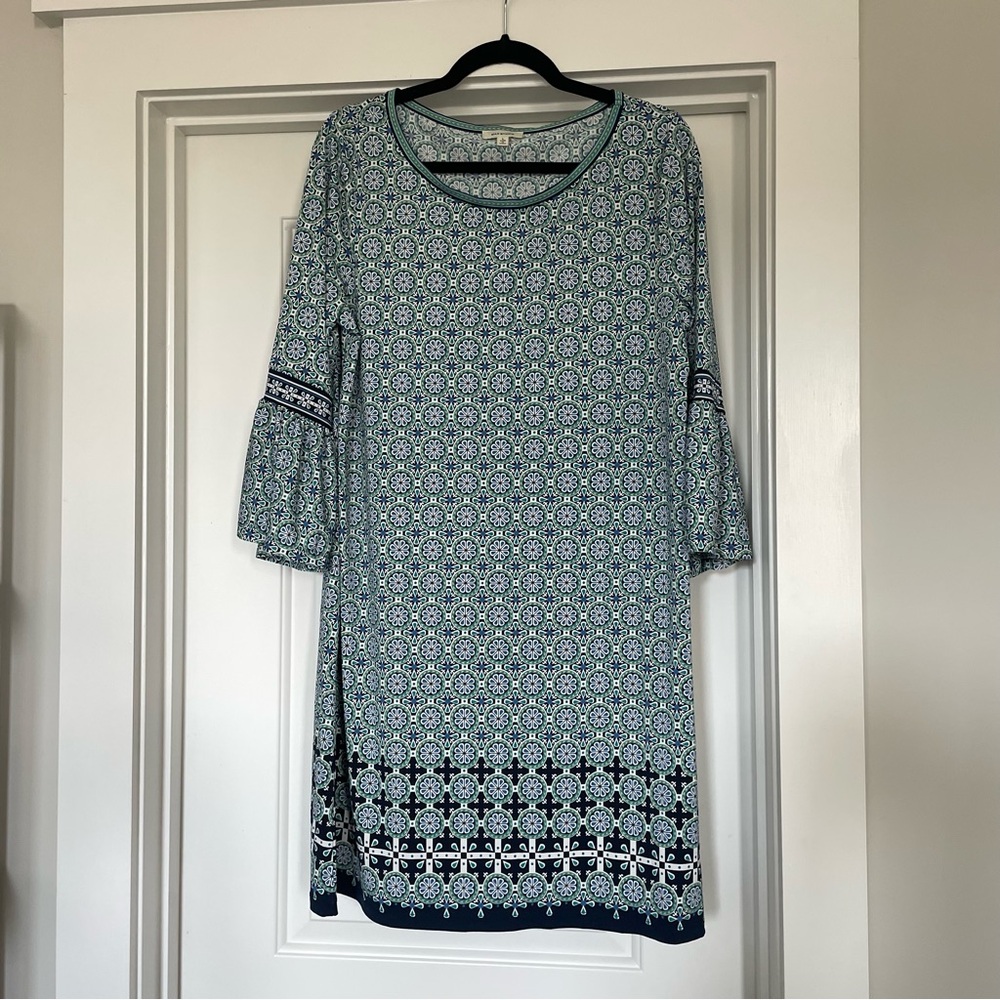 Max Studio Knit Shift Dress Medallion Border Print in Navy Blue/Green - Size L - Picture 1 of 7